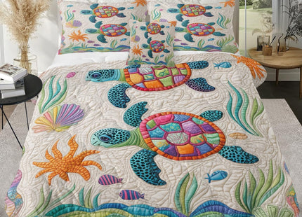 Sleepwish Queen Comforter Set 3D Sea Turtle, Quilt-Look & Embroidery-Look