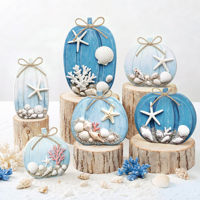 Leinuosen 6 Pcs Coastal Pumpkin Decor, Blue Fall Decorations for Home
