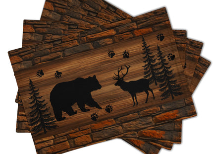 Rustic Placemats - Brown Cabin Bear Place Mats Set of 4 Country Moose Wooden Tablemats 12x18 for Dining Kitchen Farmhouse