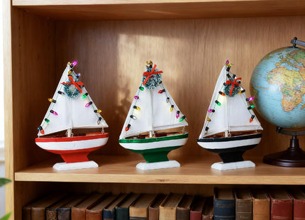 NAUTIMALL Wooden Sailboat Christmas Hanging Ornament, 5 Inch Tabletop Nautical Decor, Set of 3, Blue Green Red