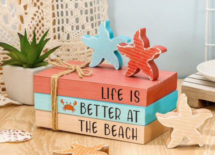Whaline 7 Pcs Summer Decoration Beach Wooden Tiered Tray Decor Mini Faux Stacked Books Starfish Decorative Table Centerpiece Block Signs for Party Home Kitchen Dining Table Decor