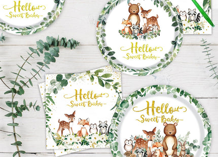 Woodland Baby Shower Party Supplies, Woodland Animal Baby Shower Decorations Include Plates, Napkins, Forks, for Animal Theme Woodland Creatures Party Decorations, Serve 24