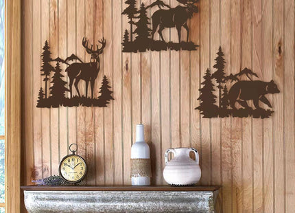 WAIU Set of 3 Brown Metal Deer Bear Moose Pine Tree Wall Decor 9.3 Inch, Rustic Cabin Indoor Outdoor Hanging Ornament