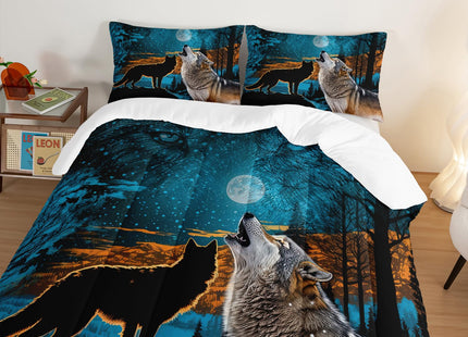 HOSIMA Wild Wolf Comforter Forest Animal Print Bedding with 2 Pillow Shams,Tree Moon Wolf Bedding Sets for Boys Kids Man Room Decor Snowy Forest Blue Queen Comforter Set.