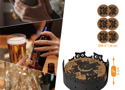 Mango Steam Set of Six Owl Decorative Coasters for Drinks & Mugs with Metal Holder, Black