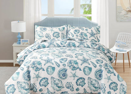 Coastal Beach Theme Quilt Set Full/Queen Size Lightweight Ocean Coral Bedding Seashell Conch Starfish Bedspread Coverlet Reversible Nautical Bed Cover with 2 Pillow Shams