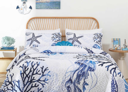 Xruibed Coastal Quilt Set King Size Blue Nautical Beach Quilt Coverlet Reversible Lightweight Bedspread with 2 Pillowshams Soft Microfiber Quilt Set for All Season 110"x90"