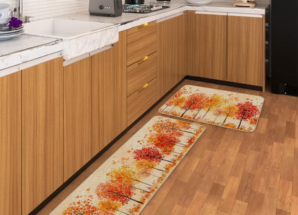 Watercolor Fall Maple Trees Kitchen Rugs Set of 2, 17x29 and 17x47 Inch