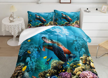 CVHOUSE Sea Turtle Bedding Set,Sea Turtle Comforter Full,Ocean Beach Comforter Set for Boys Kids Girls,Ocean Quilt Set with 1 Comforter and 2 Pillow Cases