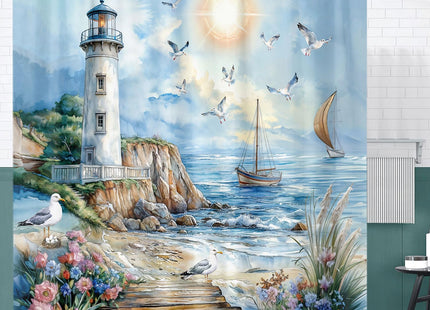 Nautical Coastal Lighthouse Shower Curtain, Boho Ocean Beach Lighthouse Seascape Beachy Abstract Shower Curtain Set, Seasides Sailboat Seagull Fabric Shower Curtain for Bathroom 12 Hooks, 72"×72" Blue