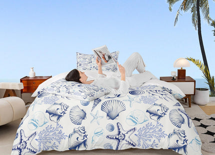 Coastal Duvet Cover Set Full Size,Beach Seashell Starfish Coral Bedding Set 3Pcs,Sea Ocean Theme Comforter Cover for Kids Teens Adult Bedroom Decor,Navy Sketch Nautical Quilt Cover,2 Pillowcases