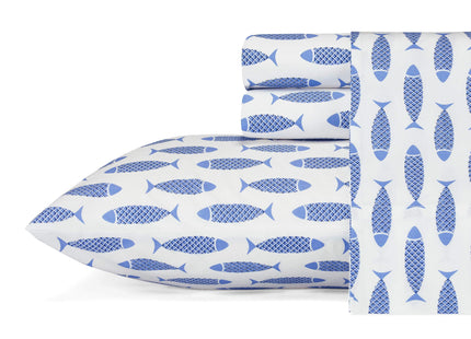 Nautica - Queen Size Sheet Set, Crisp Cotton Percale Bedding with Matching Pillowcases, Fully Elastic Fitted Sheet, Deep Pocket, Nautical Room Decor (Woodblock Fish Blue)