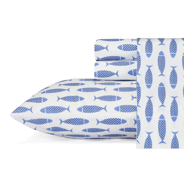 Nautica - Queen Size Sheet Set, Crisp Cotton Percale Bedding with Matching Pillowcases, Fully Elastic Fitted Sheet, Deep Pocket, Nautical Room Decor (Woodblock Fish Blue)