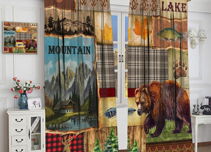 AAVEUP Vintage Bear Moose Curtains,Rustic Old Grid Pine Forest Hunting Lodge Bear Deer Bass Fishing Animals Window Treatments Drapes for Living Room Bedroom Kitchen 42x45in（No Blackout）