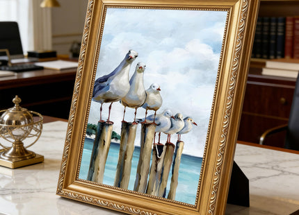 Gold Framed Seagull Canvas Wall Art Coastal Sea Birds Paintings Pictures Wall Decor Teal Ocean Beach posters prints Artwork for Living Room Bedroom Bathroom Home Decoration 9x11in