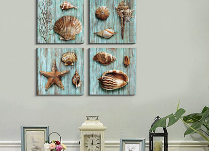 Blue Shells Wall Art Home Decor for Bathroom Shell Conch Framed Canvas Prints Sea Ocean Paintings Pictures Marine Life Coral Starfish Modern Large Artwork Living Room Home Decoration Set 4 Pcs 16x16