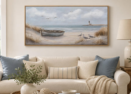 Framed Beach Coastal Lighthouse Canvas Wall Art 16X32 Inch