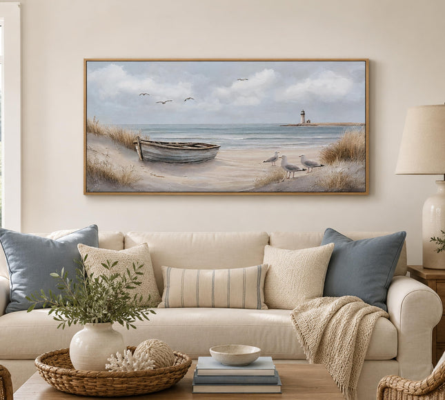 Framed Beach Coastal Lighthouse Canvas Wall Art 16X32 Inch