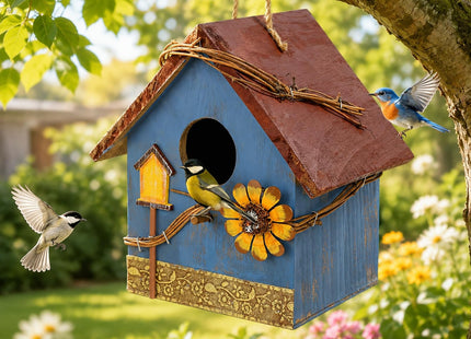 DEWEL Bird Houses for Outside Clearance, Hanging Birdhouses for Outdoors, Garden Wooden Blue Bird Houses for Outdoors, Bird Nesting Box for Bluebird Finch Swallow Wren Chickadee, Gift for Bird Lovers