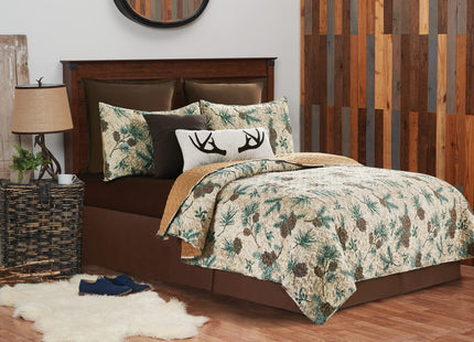 Rustic Pinecones & Needles Full/Queen Quilt Set Lodge Cabin Bedding w/ Sham