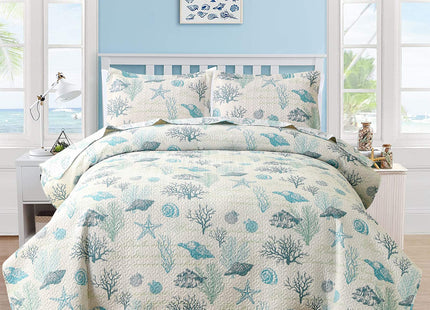 Hailea Ocean Quilt Set Full/Queen Size Coastal Beach Theme Bedding Lightweight Reversible Starfish Seashell Conch Bedspread Coverlet Seaweed Coral Bed Cover with 2 Pillow Shams