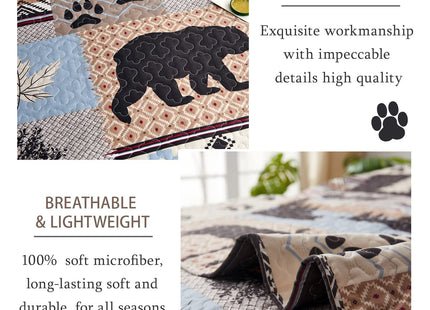 Rustic Quilt Queen/Full Size, Lodge Cabin Bedding Set Moose Bear Bedspread Coverlet Stitched Bedcover Wildlife Printed Bed Set Woodland Patchwork Plaid Quilted Bed Cover Country Decor(90"x 90")