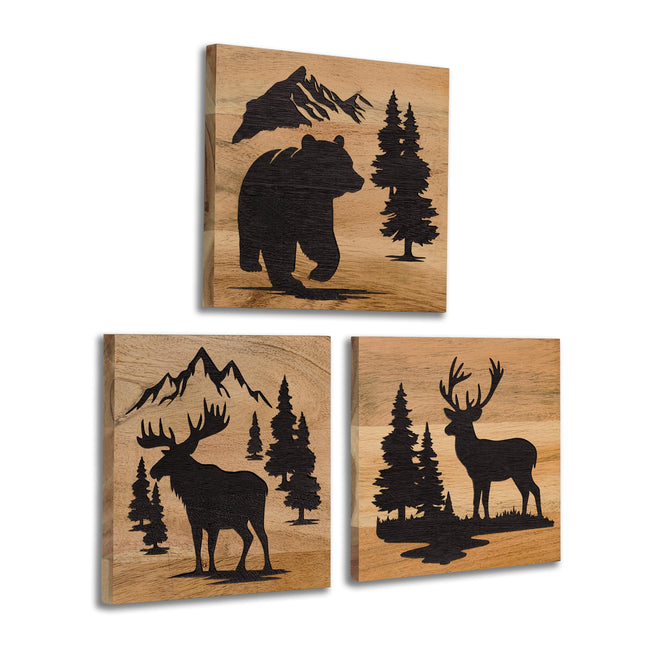Home Rustique Real Wooden Cabin Wall Decor with Bear Deer & Moose, Set of 3