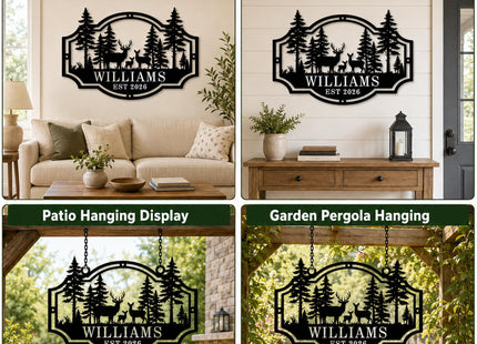 Custom Deer Family Name Sign, Personalized Deer Forest Cabin Metal Sign