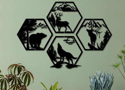 Xedatric Rustic Forest Metal Wall Art 4-Piece Bear Deer Wolf Moose