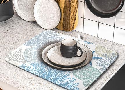 Lvhompro Nautical Dish Drying Mat for Kitchen Counter Coastal Seashell Starfish Summer Microfiber Absorbent Dish Draining Reusable Washable Foldable 16"x18"