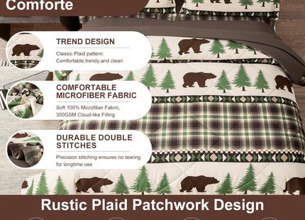 Comforter Set King Size Rustic Bear Comforter Bedding-7 Piece Bed in a Bag, Soft Fluffy Reversible Microfiber Bedding Set(1 Comforter,1 Flat Sheet,1 Fitted Sheet,2 Pillowcases,2 Pillow Shams),Green