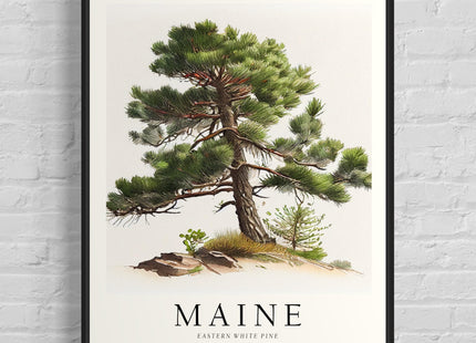 Maine State Tree Art Print, Maine Poster Wall art Decor, Maine State Map Travel Poster, Home Office Wall Decoration, Bedroom, Living Room Artwork. (Maine E, 16x20 inches + (Black Frame))