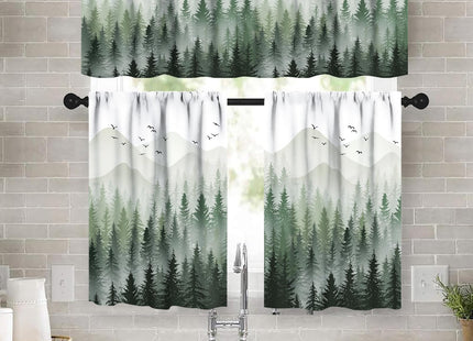 Forest Window Valance,Green Misty Forest Nature Tree Mountain Landscape Printed Window Treatments Drapes for Kitchen Bathroom Living Room Dining Room,3 Piece Set
