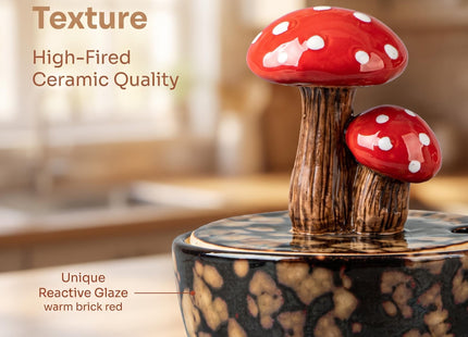 Black Ceramic Mushroom Salt Cellar Jar with Lid and Spoon Salt Box Holder