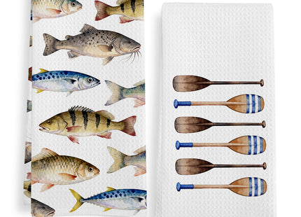 GWFSJYU Coastal Fish Boat Oars Kitchen Towels Set of 2, Ocean Fishing Beachy Dish Tea Towels for Kitchen, Lake House Oars Decorative Hand Towel for Bathroom, Nautical Decor for Bathroom, 16x24 Inch