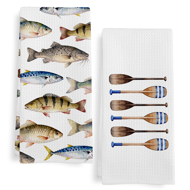 GWFSJYU Coastal Fish Boat Oars Kitchen Towels Set of 2, Ocean Fishing Beachy Dish Tea Towels for Kitchen, Lake House Oars Decorative Hand Towel for Bathroom, Nautical Decor for Bathroom, 16x24 Inch