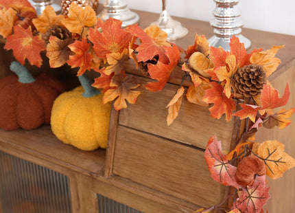 Super Holiday 6FT Fall Garland, Fall Maple Leaf Garland Decor with Velvet Pumpkin/Pine Cone, for Home Autumn Harvest Thanksgiving Fireplace Front Door Indoor Outdoor Holiday Party Decorations.