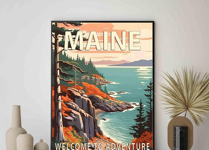 Maine Black Framed Poster Art Print, Retro States Landscape Wall art Decor, Adventure Mountain and Scenery Painting for Bedroom, Living Room (Maine Scenery, 16x20 inches + (Black Frame))