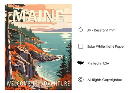 Maine Black Framed Poster Art Print, Retro States Landscape Wall art Decor, Adventure Mountain and Scenery Painting for Bedroom, Living Room (Maine Scenery, 16x20 inches + (Black Frame))