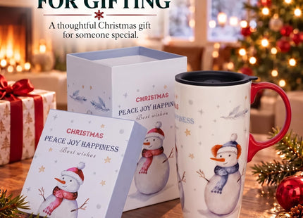 TZSSP 17oz Snowman Ceramic Coffee Mug with Lid, Joywish Gift Box
