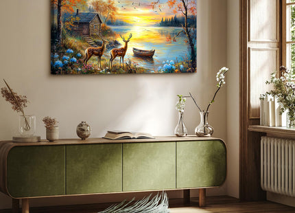 crmotu Nature Wall Art, Autumn Lake Cottage Deer Paintings 20X40 In