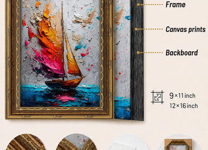 KUNIQUE Vintage Gold Framed Doodle Sailboat Canvas Wall Art 9x11in