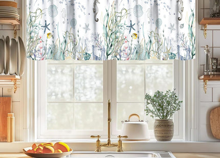 Lnepty Nautical Beach Window Valance,Summer Coastal Seahorse Undersea Animal Green Blue Ocean Coral Window Treatments for Bedroom Living Room Bathroom 1 Piece,54x18 Inch