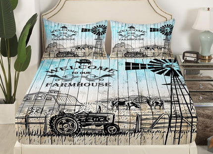 Erosebridal Rustic Windmill Bed Sheets Set Tractor Sheet Set Farmhouse Cow Sheets for Boys Girls Adults, Rustic Farm Barn Door Woodland Animals Flat Fitted Sheet Full Size with 2 Pillowcases