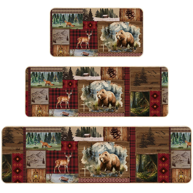 Pickmesh Set of 3 Kitchen Mats Cabin Bear Rugs Woodland Nursery Mat Decor Rustic Lodge Theme Area Rug with Bear and Cub Mountain Scene Cabin Carpet for Home Bathroom (Rustic Style)