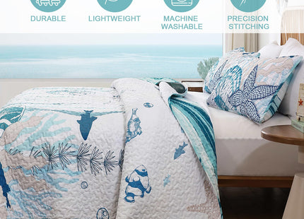 Djoymock Coastal Quilts Bedding Set Queen Size, Summer Green Fish Coral Nautical Bedding Quilt Set with Pillow Cases, Ocean Beach Reversible Bedspreads Coverlet Soft Microfiber Lightweight Comforter