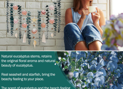 Genuine Eucalyptus Wall Decor with Natural Seashell Beach Decor Coastal Home Decorations with Fresh Eucalyptus Stems Hanging Wooden Bead Garland for Large Bedroom Bathroom Living Room 32 x 32 Inch