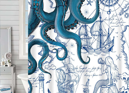 Fungarth Funny Scuba Octopus Shower Curtain Teal Blue Sea Ocean Kraken Shower Curtains for Bathroom Cool Nautical Anchor Fish Waterproof Fabric Bath Curtain Decor with Hooks (Teal, 72” x 72”)