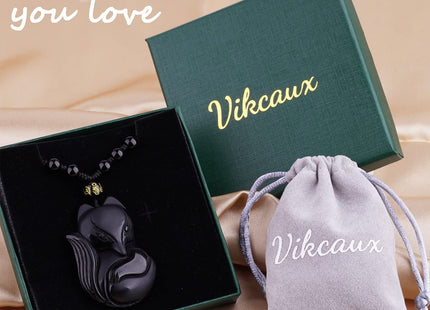 VIKCAUX Obsidian Fox Necklace Natural Fox Talisman Pendant with Extended Bead Chain Lucky Fox Necklace Jewelry Gift for Women Men