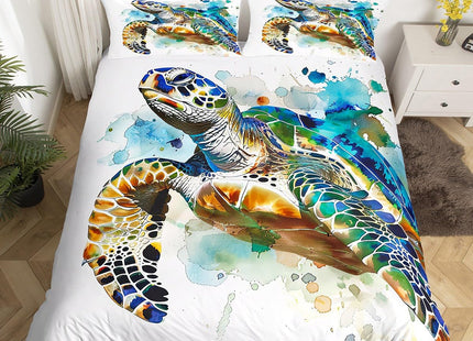 Erosebridal Sea Turtle Duvet Cover Twin Hand Painted Turtle Pattern on White Bedding Set Abstract Tortoise Comforter Cover Ocean Beach Themed 2 Piece with 1 Pillowcase for Children Teens Boys Girls
